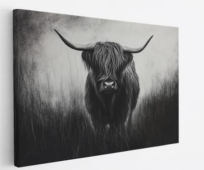 Saammp - Canvas Schilderij - Schotse Hooglander Koe - Zwart-Wit - Dieren - Natuur - 60x40 - Foto op canvas - Wanddecoratie - muurdecoratie Woonkamer - Slaapkamer decoratie - Canvas Print