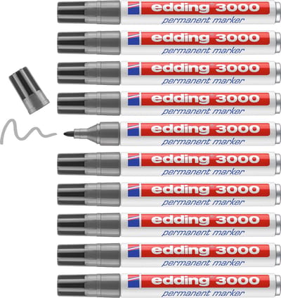edding 3000 permanent marker - grijs - 10 stiften - ronde punt 1,5-3 mm - water en wrijfvast - voor karton, kunststof, hout, metaal, etc. - alcohol markers voor volwassenen
