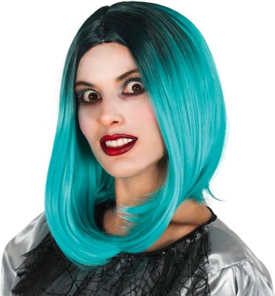 Fiestas Guirca - Pruik Lang Zwart Groen haar Bob model - Halloween Pruik - Halloween accessoires - Halloween outfit - Pruiken - enge pruiken