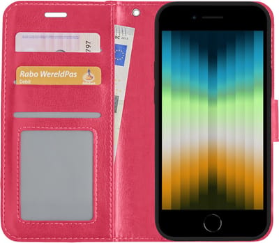 Hoesje - Met Pasjeshouder - Geschikt voor Apple iPhone SE (2022) - Luxe Bookcase Portemonee - Flip Case - Kunstleer Book Case - Flipcase - Book Cover - Walletcase - Portemonneehoes - Donkerroze