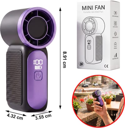 Best Active Mini Handventilator - Oplaadbare Pocket Fan met Digitaal Display - Kleine Draagbare Ventilator USB-C - 100 Standen - Tasformaat - 8,91 x 3,55 x 4,32 cm - Voor Thuis, Kantoor & Onderweg - Zwart/Paars