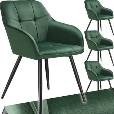tectake® Eetkamerstoelen Marilyn - Set van 4 - Gestoffeerde Stoel in Fluweellook - Stikpatroon - Zwarte Stoelpoten - Ergonomische Keukenstoel - Doorlopende Rugleuning en Armleuningen - Stoel voor Woonkamer, Eetkamer, Slaapkamer - Donkergroen