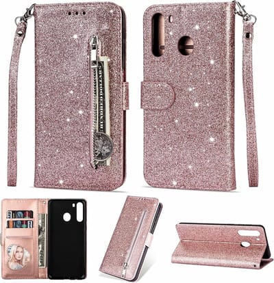 Portemonnee Hoesje - Wallet Case - Rits Sparkly Glitter - Telefoonhoes met Kord Geschikt voor: Samsung Galaxy M11 - Rosegoud