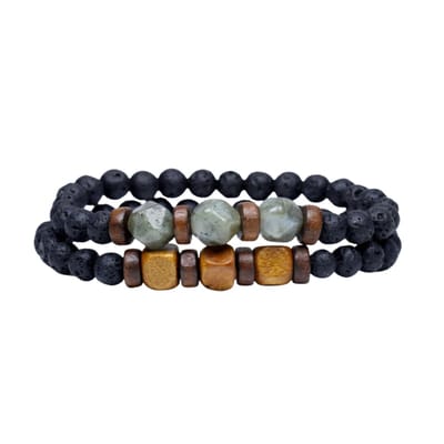 Marama - armbandenset Long Beach Lavastone - herenarmband - elastisch - edelsteen Maansteen