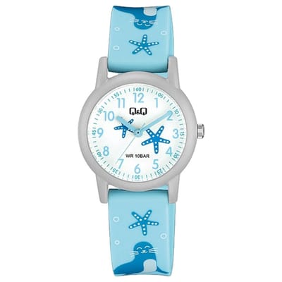 Q&Q V23A-002VY - Horloge - Sport - Analoog - Kinderen - Unisex - Plastic band - Rond - Kunststof - Cijfers - Zeeotter - LichtBlauw - DonkerBlauw - Grijs - Wit - 10 ATM