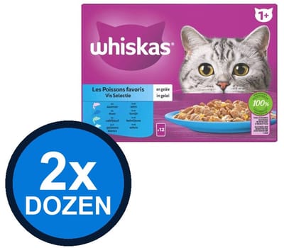 2x Whiskas - 1+ Pouch Adult Gelei Vis Selectie Multipack (24x85g) - Kattenvoer Natvoer - 2.04 kg
