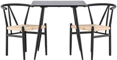Polar eethoek tafel 75x75cm en 2 stoelen met armleuningen stapelbaar zwart.