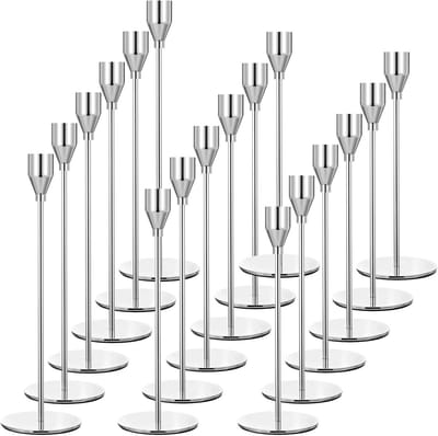 18-delige Set Zilveren Metalen Kandelaars voor Puntkaarsen - Hoge Standaard Decoratie
