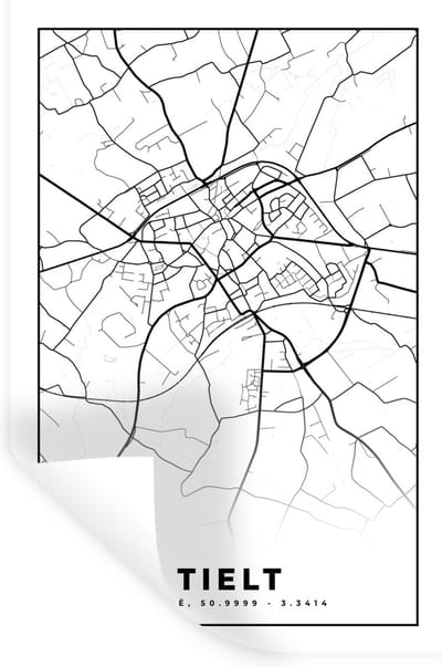Muurstickers - Sticker Folie - Kaart – Plattegrond – Stadskaart – Tielt – België – Zwart Wit - 20x30 cm - Plakfolie - Muurstickers Kinderkamer - Zelfklevend Behang - Zelfklevend behangpapier - Stickerfolie
