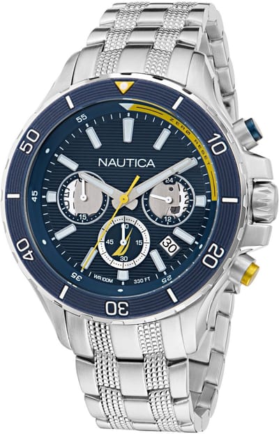Nautica Nst Quartz Analoog Horloge Zilverkleurig En Blauw Material 100% Roestvrij Staal & 100% Acero Inoxidablearmband 48 mm NAPNSF504, NAPNSF505