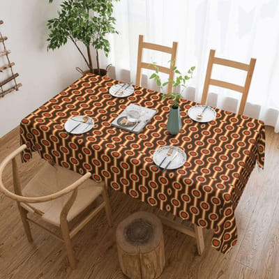 Rechthoekig 70s Patroon Retro Industrieel In Oranje En Bruine Tinten Tafelkleed Waterdicht Tafelkleed Buiten 45 -50  Tafelhoes 137x183cm