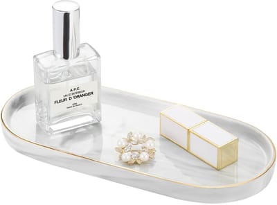 Unyqoos ® Elegant Ovaal Keramisch Dienblad met Gouden Rand voor Sieraden en Cosmetica, Hittebestendig, Marmerlook, Wit