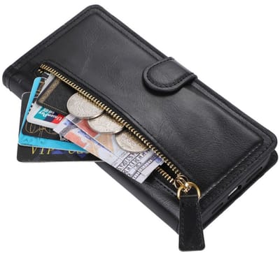 Premium vintage portemonnee hoesje met ritssluiting flip-cover hoes met kaarthoudersleuven Geschikt voor: Apple iPhone 14 Pro - Zwart