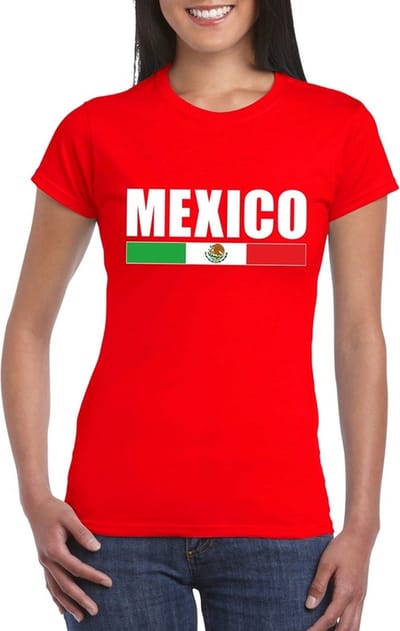 Mexico supporters kleding t-shirt - voor dames - rood - met vlag kleuren print - korte mouwen S