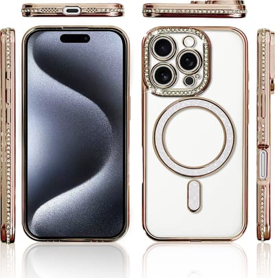 Hoesje Geschikt voor iPhone 15 Pro Magsafe hoes Lens beschermer Goud – Luxe bling sprankelende diamant backcover