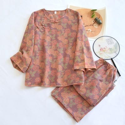 Lente/Zomer Nieuwe Dames Pyjamaset 100% Katoen Jacquard Retro Pan Knoop Huismeubilair Lange Mouwen Broek Tweedelige Set 2XL