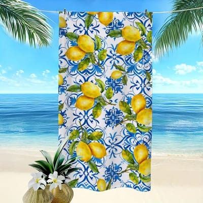 Zonnig Kussen van Citroenen: Strandlaken Met Blauw Tegelpatroon Voor Zomerplezier Geschikt Voor Handdoeken, Badhanddoeken, Strandlakens 70X140cm yellow