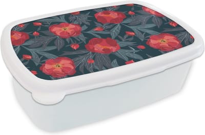 Broodtrommel Wit - Lunchbox - Brooddoos - Bloemen - Rood - Bladeren - Patronen - 18x12x6 cm - Volwassenen