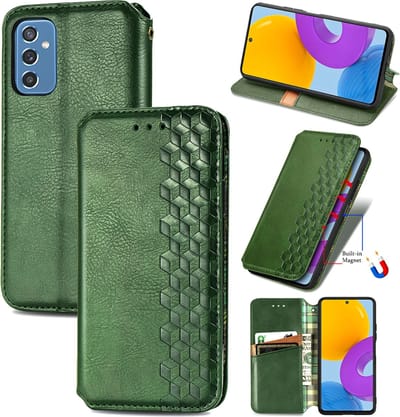 Luxe PU Lederen Ruitpatroon Wallet Case + PMMA Screenprotector voor Galaxy M23 5G _ Groen