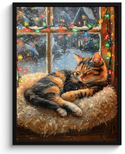 Poster in lijst - Fotolijst 50x70 cm - Posters - Kat - Kerst - Winter - Dier - Posterlijst zwart - Decoratie - Wanddecoratie woonkamer - Kerstdecoratie voor binnen - Kerstversiering - Kerstmis versiering in huis - Kerstaccessoires