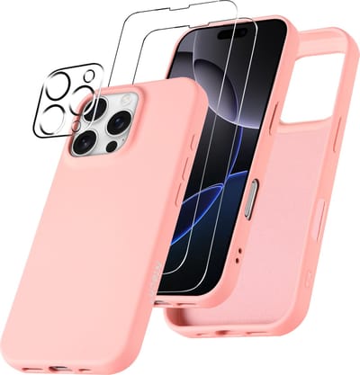 Hoesje Geschikt voor iPhone 16 Pro – Zacht siliconen liquid backcover met 2x screenprotectors gehard glas en 1x lens protector – Licht Roze