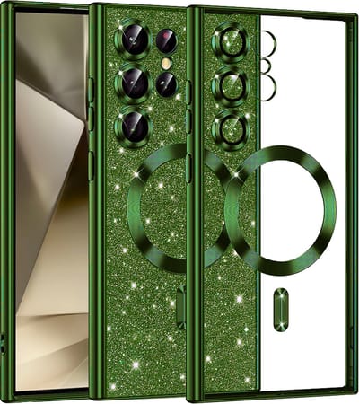 Hoesje geschikt voor Samsung Galaxy S24 Ultra - Techsuit Luxury Glitter Back Cover - Geschikt voor MagSafe - Donkergroen