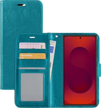 Hoesje - Met Pasjeshouder - Geschikt voor Samsung Galaxy S25 Ultra - Luxe Bookcase Portemonee - Flip Case - Kunstleer Book Case - Flipcase - Book Cover - Walletcase - Portemonneehoes - Turquoise