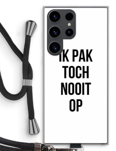 Case Company® - Hoesje met koord geschikt voor Samsung Galaxy S23 Ultra hoesje met Koord - Ik pak nooit op - Telefoonhoesje met Zwart Koord - Bescherming aan alle Kanten en Over de Schermrand