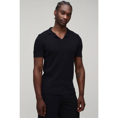 Tall Muscle Fit Cotton Blend Revere Knitted Polo T-Shirt | Black | Size Large