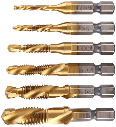Set van 6 draadboren en tapsets, metrische schroefdraad M3-M10, HSS gecoat, 1/4 inch hexagonale shank voor veelzijdig gebruik