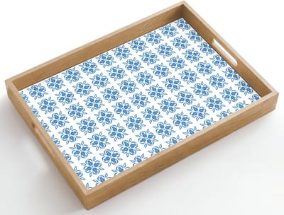Dienblad hout 50x35 cm - Schootdienblad - Blauw - Wit - Tegel - Patroon - Borrelplank rechthoek - Plateau dienbladen