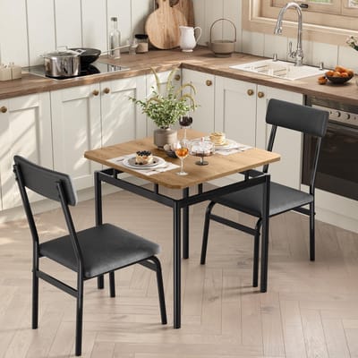 Eettafel Stoel Set 3-delig - 74x74x76cm - Vierkante Keukentafel met 2 Beklede Stoelen - Industrieel Metalen Frame - Voor Eetkamer Woonkamer en Appartement - Zwart + Bruin