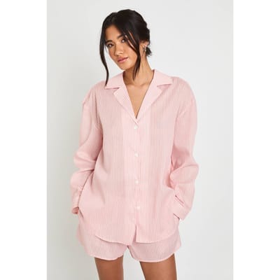 boohoo Dames Katoenen Krijtstreep Oversized Pyjama Set Met Shirt Met Lange Mouwen & Short | Roze | Maat: 36