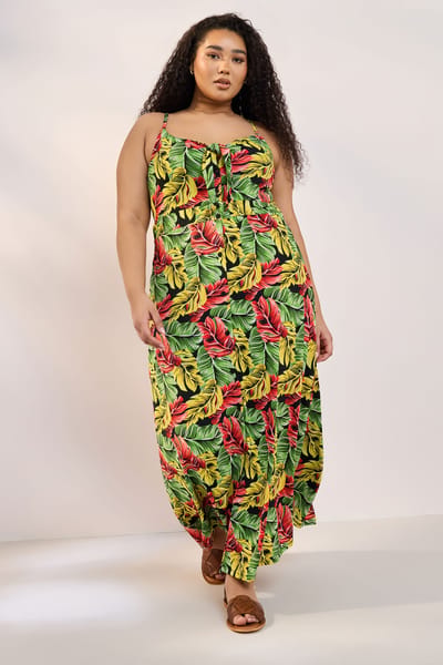 Yours Maxijurk Met Tropische Bladprint In Geel En Groen, Ss26 Size 44
