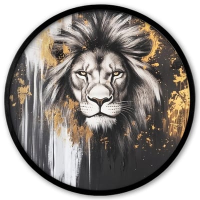 Poster in lijst Rond - Fotolijst 40x40 cm - Posters - Leeuw - Portret - Verfspatten - Grijs - Ronde posterlijst zwart - Decoratie - Wanddecoratie woonkamer - Muurdecoratie slaapkamer