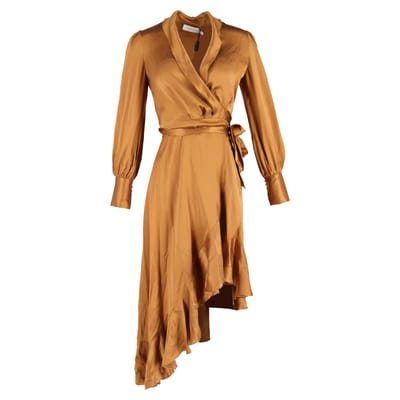 Asymmetrische jurk met ruches en gewassen look van Zimmermann in bronskleurige zijde