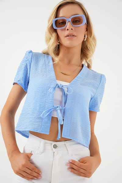 Gestructureerde V-hals Linnenmix Croptop