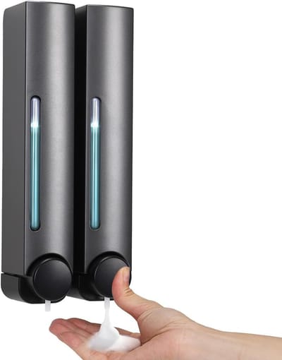 Famanu – Zeepdispenser wandbevestiging set van 2 – 380 ml – zonder boren – zelfklevend – met wandhouder – grijs