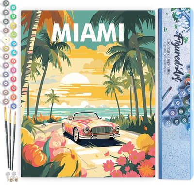 Figured'Art Schilderen op Nummer Volwassenen canvas Reisposter zonsondergang in Miami- Handwerk acrylverf Kit DIY Compleet - 40x50cm zonder frame