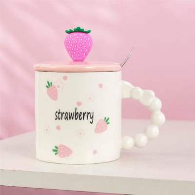 Schattige Keramische Mok met Deksel Lepel Kleine Verse Waterbeker Souvenir Thuis Koffiekop Aardbei Koppelskop 400ml