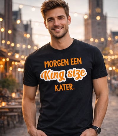 Oranje Koningsdag Shirt | Oranje Kleding | WK Feestkleding Morgen een King Size kater | zwart oranje | dames heren | Maat S