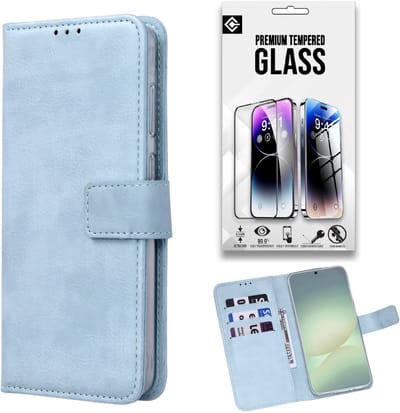 Casemania Hoesje + Glas Geschikt voor Samsung Galaxy A17 5G - Licht Blauw - Portemonnee Bookcase met Pasjeshouder en Standaardfunctie - Telefoonhoesje en Gehard Tempered Glazen Screenprotector