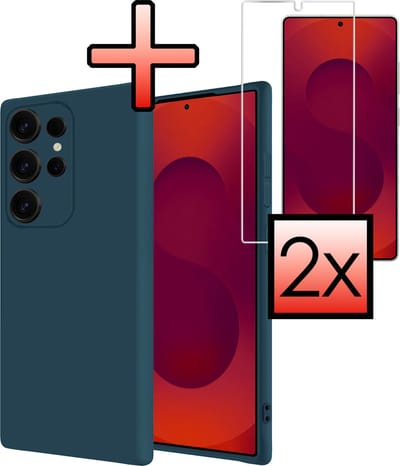 Hoesje - Met 2x Screenprotector - Geschikt voor Samsung Galaxy S25 Ultra - Sterk & Shockproof - Back Cover - Siliconen Case - Telefoon Hoes - Donkerblauw