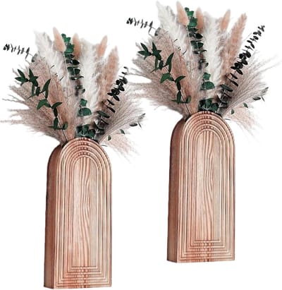Wandvazen Set - Bloempotten Hout - Droogbloemen Schikken - Waterloos Wandmontage - 32 x 15 cm - Houtkleur