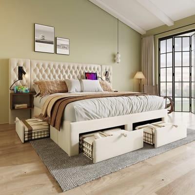 Wishdor Complete Bedset 160x200 cm - 2 Nachtkastjes & 4 Lades - Leeslampen & USB/Type-C - Beige Fluweel