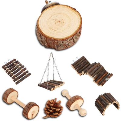 8pcs Écureuil Balançoire en Bois Jouet Drôle Échelle Hamster Petit Animal de Compagnie Animal Jouant Ensemble de Jouets beige