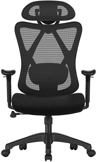 Ergonomische bureaustoel, computerstoel, mesh-stoel 68 x 66 x (114-123,5) cm zwart, verstelbare lendensteun en hoofdsteun, maximaal gewicht 150 kg, hoogte verstelbaar, met kantelfunctie en dikke zitting, geschikt voor kantoor en thuiswerk
