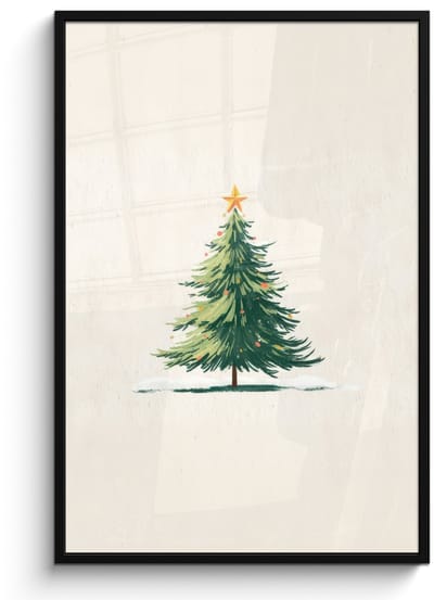Poster in lijst - Fotolijst 80x120 cm - Posters - Kerstboom - Illustratie - Ster - Sneeuw - Posterlijst zwart - Decoratie - Wanddecoratie woonkamer - Muurdecoratie slaapkamer - Kerstversiering - Kerstdecoratie voor binnen - Kerstmis