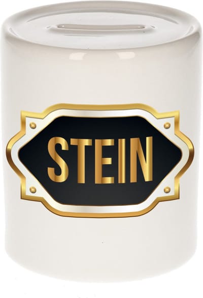 Spaarpot met voornaam Stein - wit - met goud/zwart embleem - 8 x 9 cm - keramiek - met afsluitdop - cadeau verjaardag