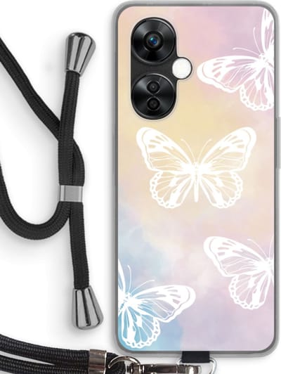 Case Company® - Hoesje met koord geschikt voor OnePlus Nord CE 3 Lite hoesje met Koord - White butterfly - Telefoonhoesje met Zwart Koord - Bescherming aan alle Kanten en Over de Schermrand
